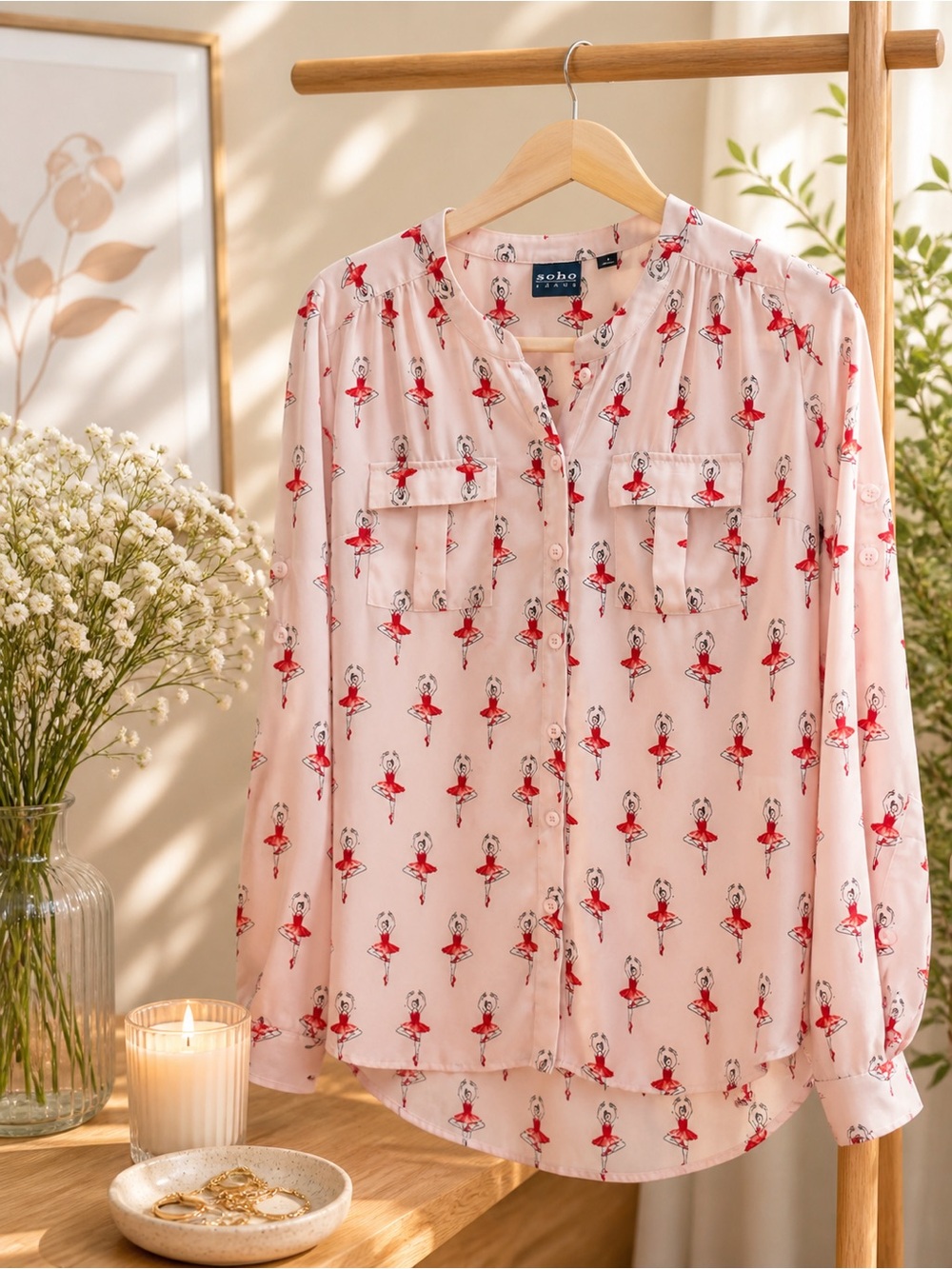 Blush Pink Ballerina Print Button-Up Blouse – Feminine & Chic